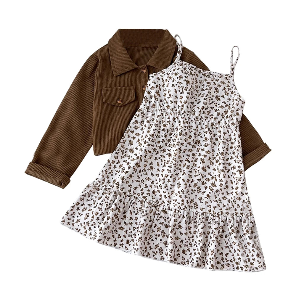 Girls Autumn Jacket + Floral Dress Set (3–7Y)