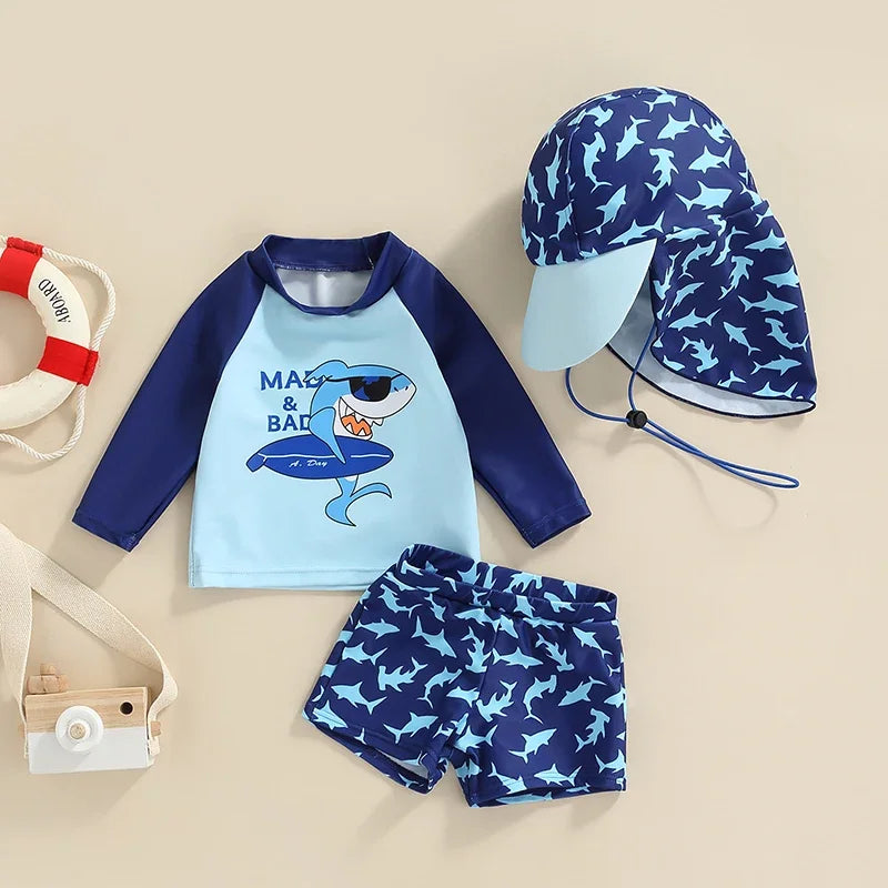 Toddler Boys Shark Print Rash Guard Swimwear Set – UPF 50+