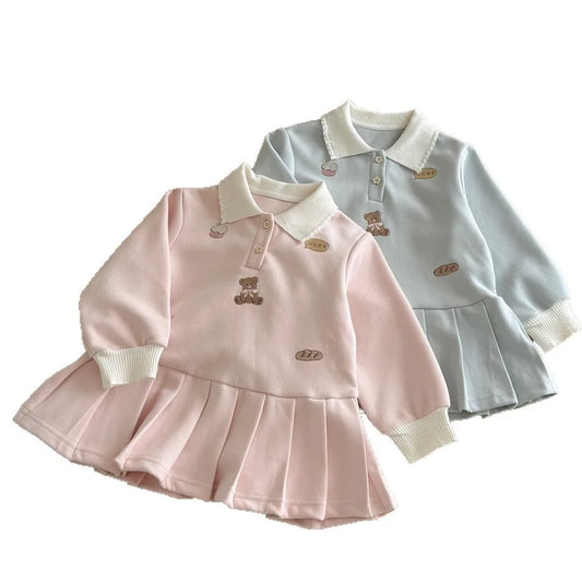 Toddler Girls Autumn Polo Dress – Cartoon Embroidery