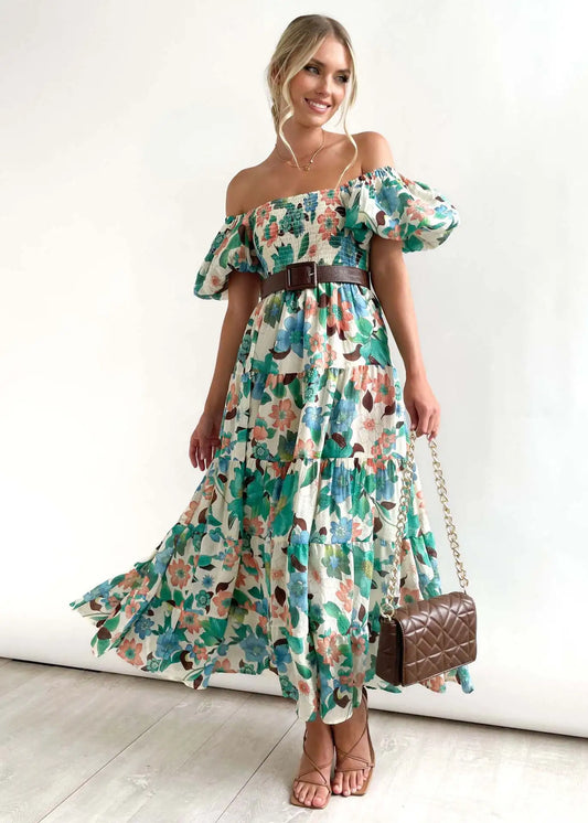 Women’s Off-Shoulder Puff Sleeve Floral Maxi Dress