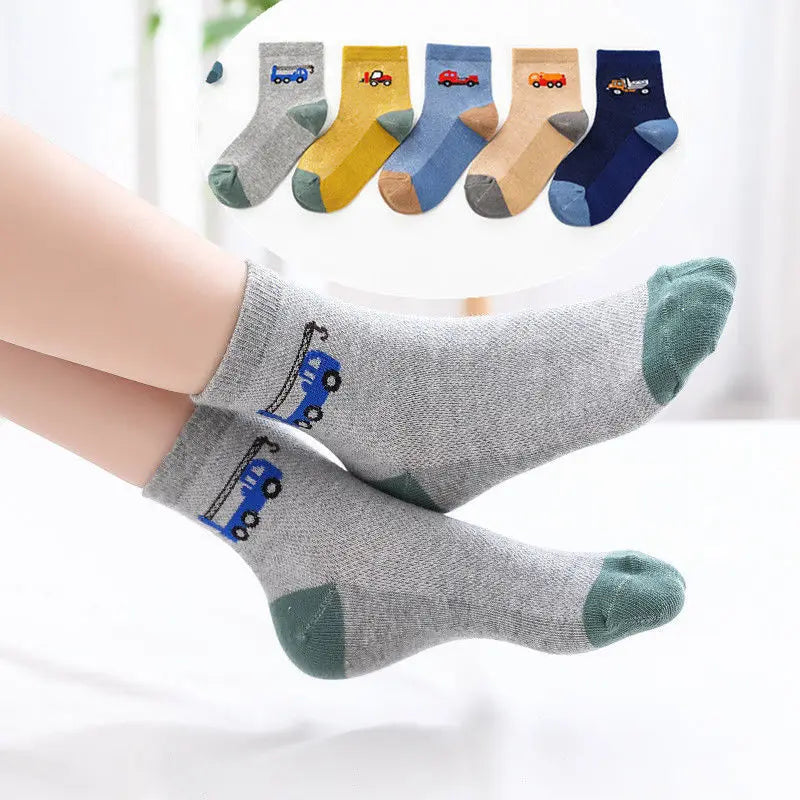 Kids Cotton Ankle Socks – Cartoon Vehicle Design (5 Pairs/Set)