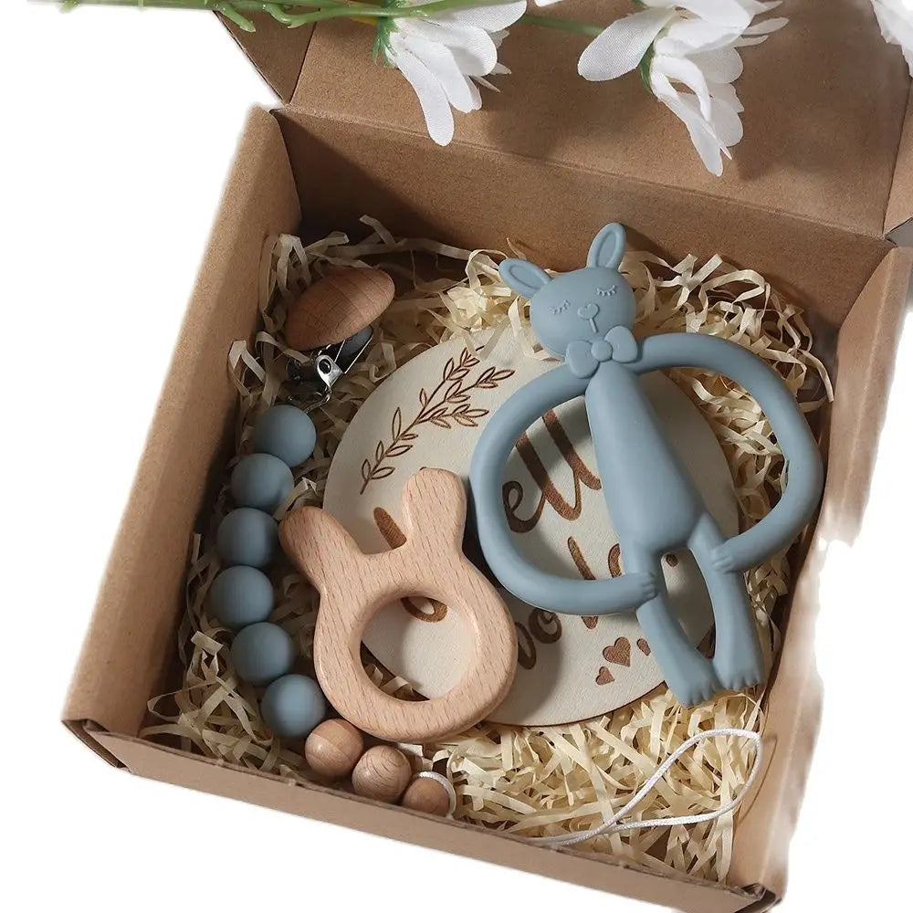 Newborn Growth Milestone Cards & Bunny Teether Gift Set