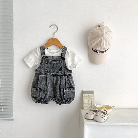 Summer Baby Outfit – Denim Strap Shorts & Rainbow T-Shirt Set (0–3Y) Sold Separately