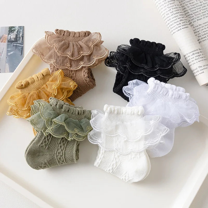 3 Pairs Girls’ Ruffle Lace Cotton Socks