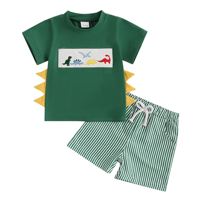 Toddler Boy Summer Outfit – Whale/Dinosaur/Turtle Tee & Striped Shorts (2-Piece Set)