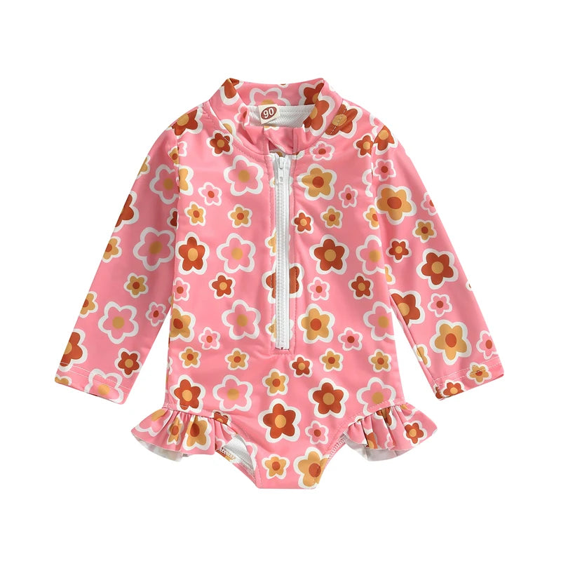 Baby Girl Floral Long Sleeve Swimsuit – Summer Beachwear