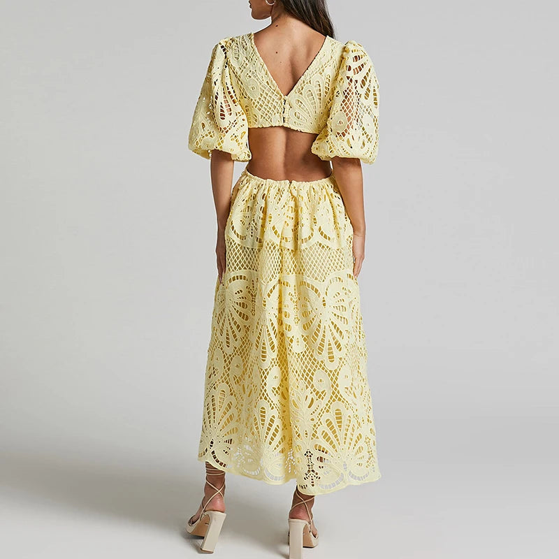 Women’s Embroidered Lace Puff Sleeve A-Line Dress