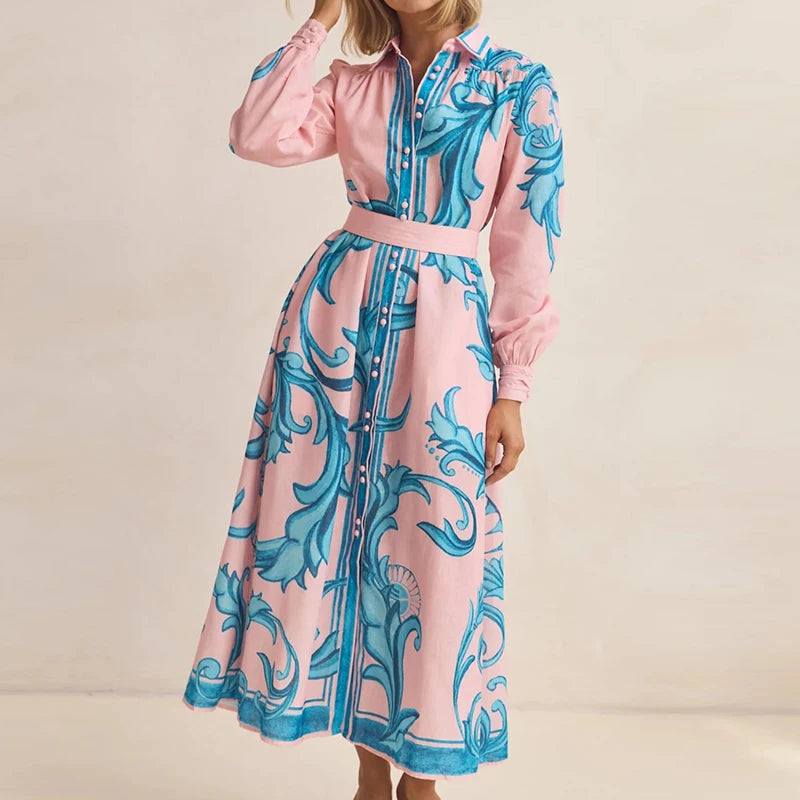 Elegant Lapel Pleated Contrast Long Dress