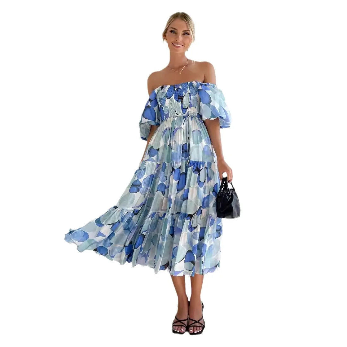 Women’s Off-Shoulder Puff Sleeve Floral Maxi Dress