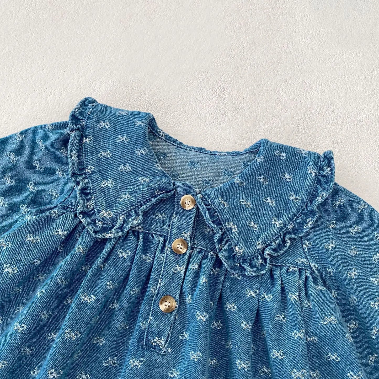 Baby Girl Bow Embroidered Long Sleeve Denim Dress
