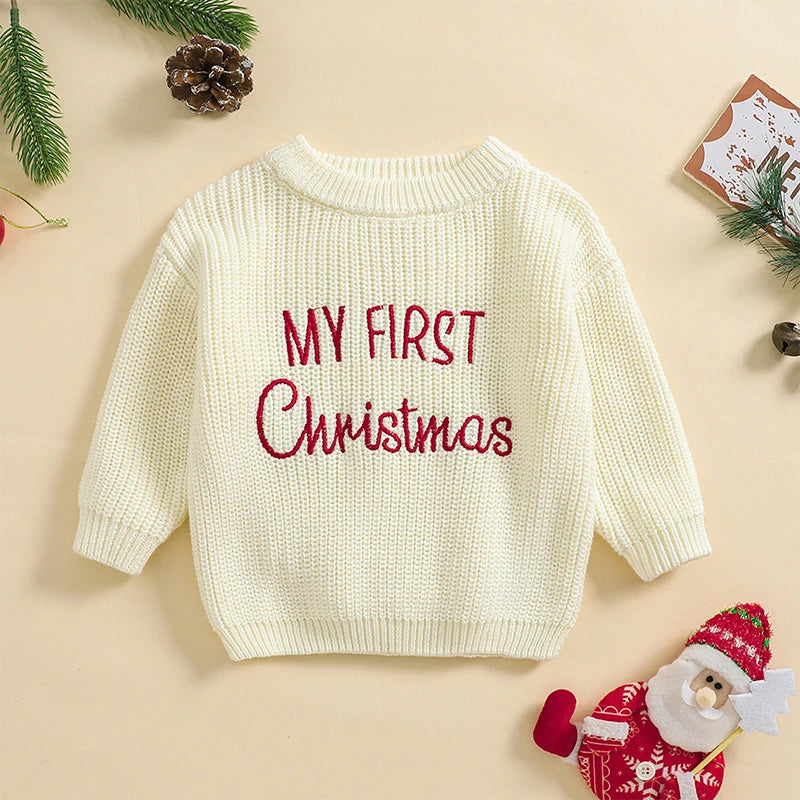 Baby Christmas Letter Embroidered Knitted Sweater – Long Sleeve Pullover (0–24 Months)