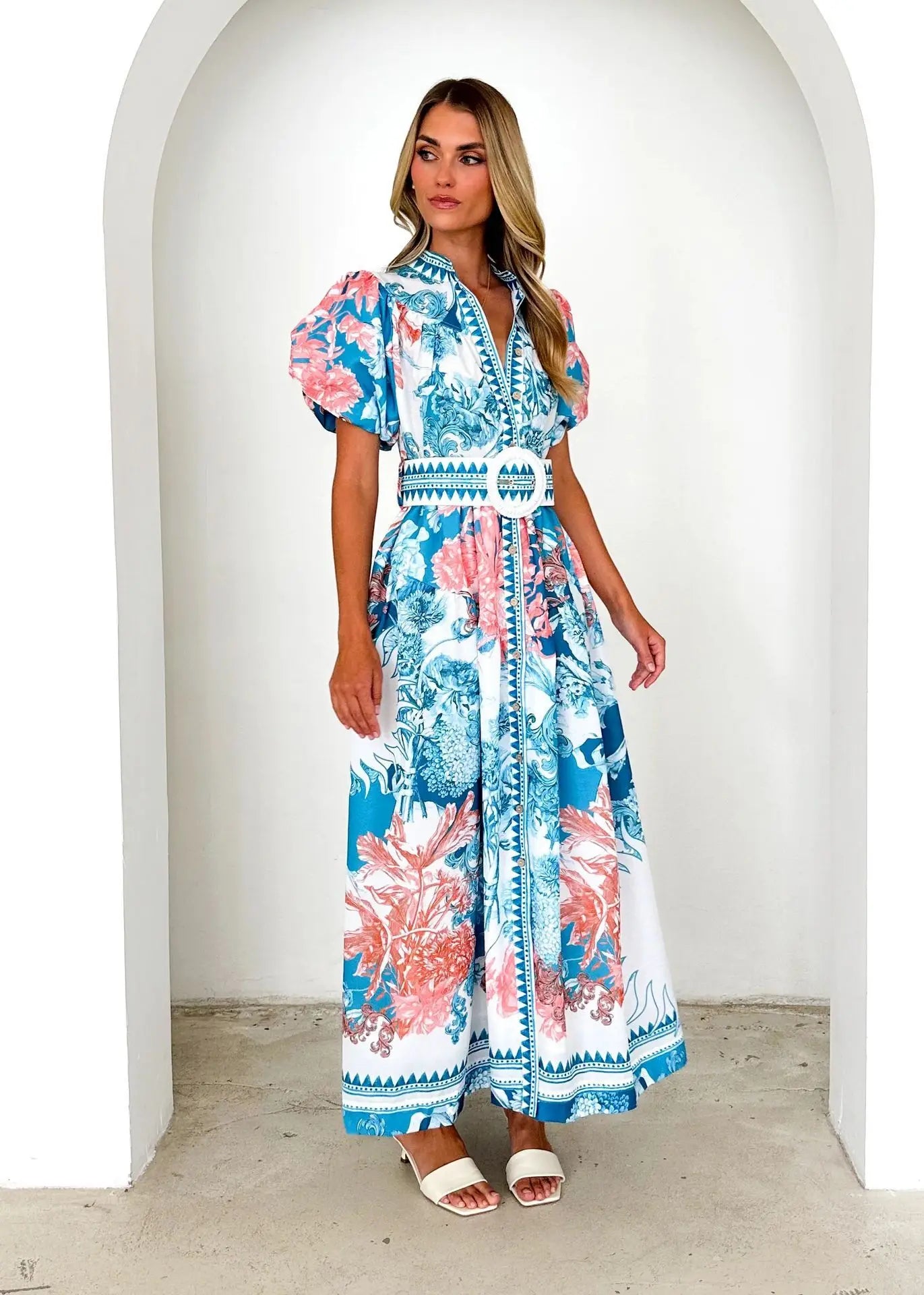 Summer Women’s Casual Tie-Print Long Dress – Loose Pleated Style