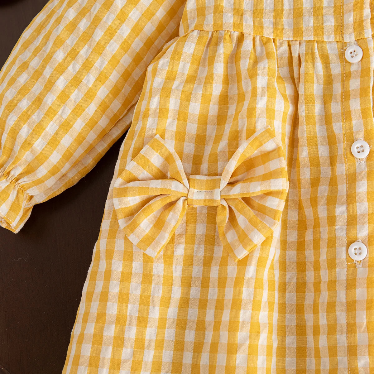 Sweet Strawberry Baby Girl Dress – Yellow Checkered, Long Sleeve (6M–3Y)