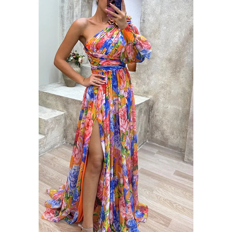 Women’s Long Sleeve Waist-Tied Print Slit Dress