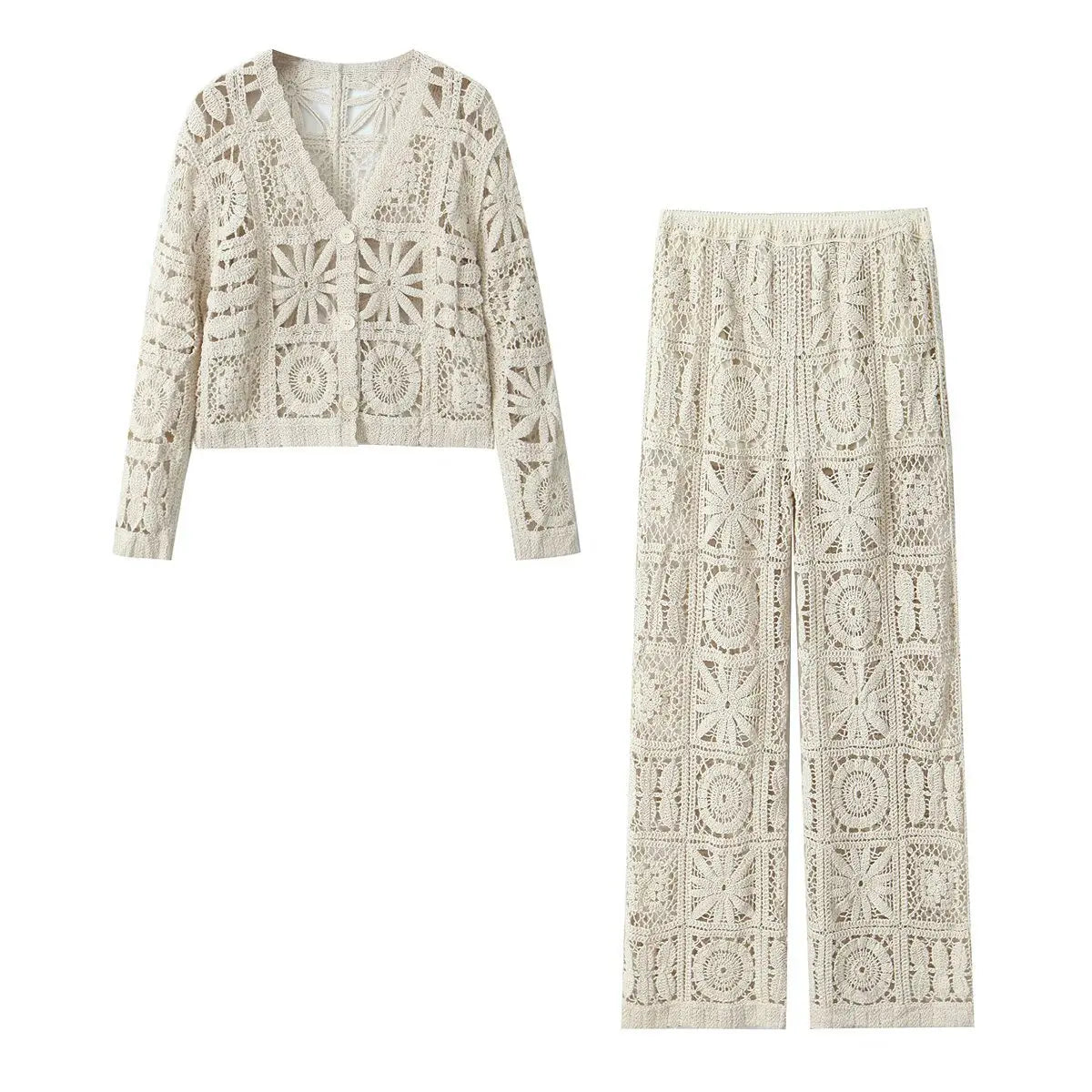 Women’s Knitted Two-Piece Pants Set – Hollow-Out Cardigan & High-Waist Trousers