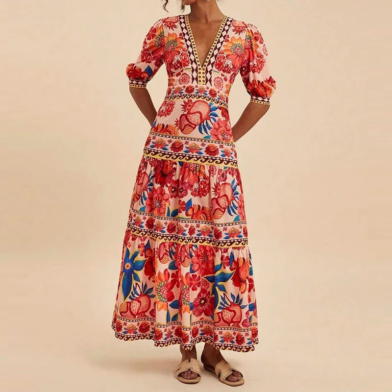 Women’s Elegant V-Neck Bubble Sleeve Long Dress – Vintage Floral Print