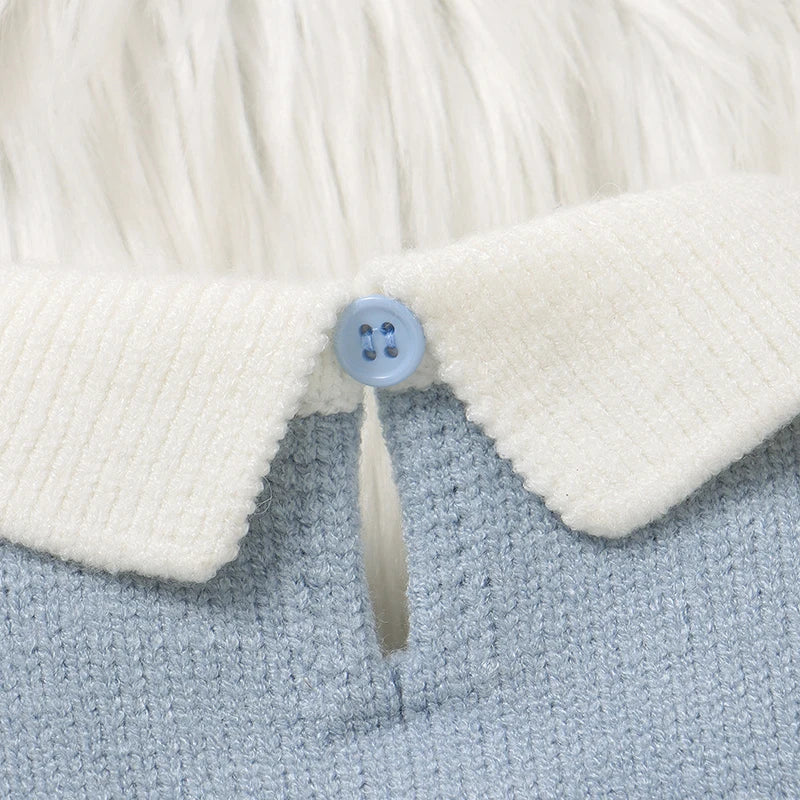Geometric Knitted Baby Romper – Turn-Down Collar & Footed Design