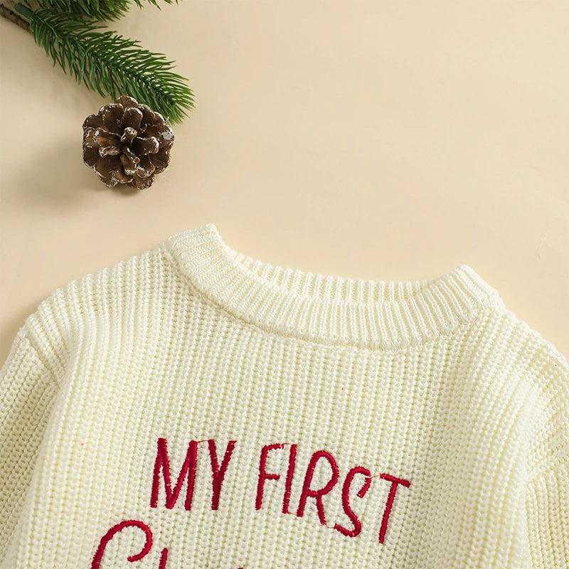 Baby Christmas Letter Embroidered Knitted Sweater – Long Sleeve Pullover (0–24 Months)