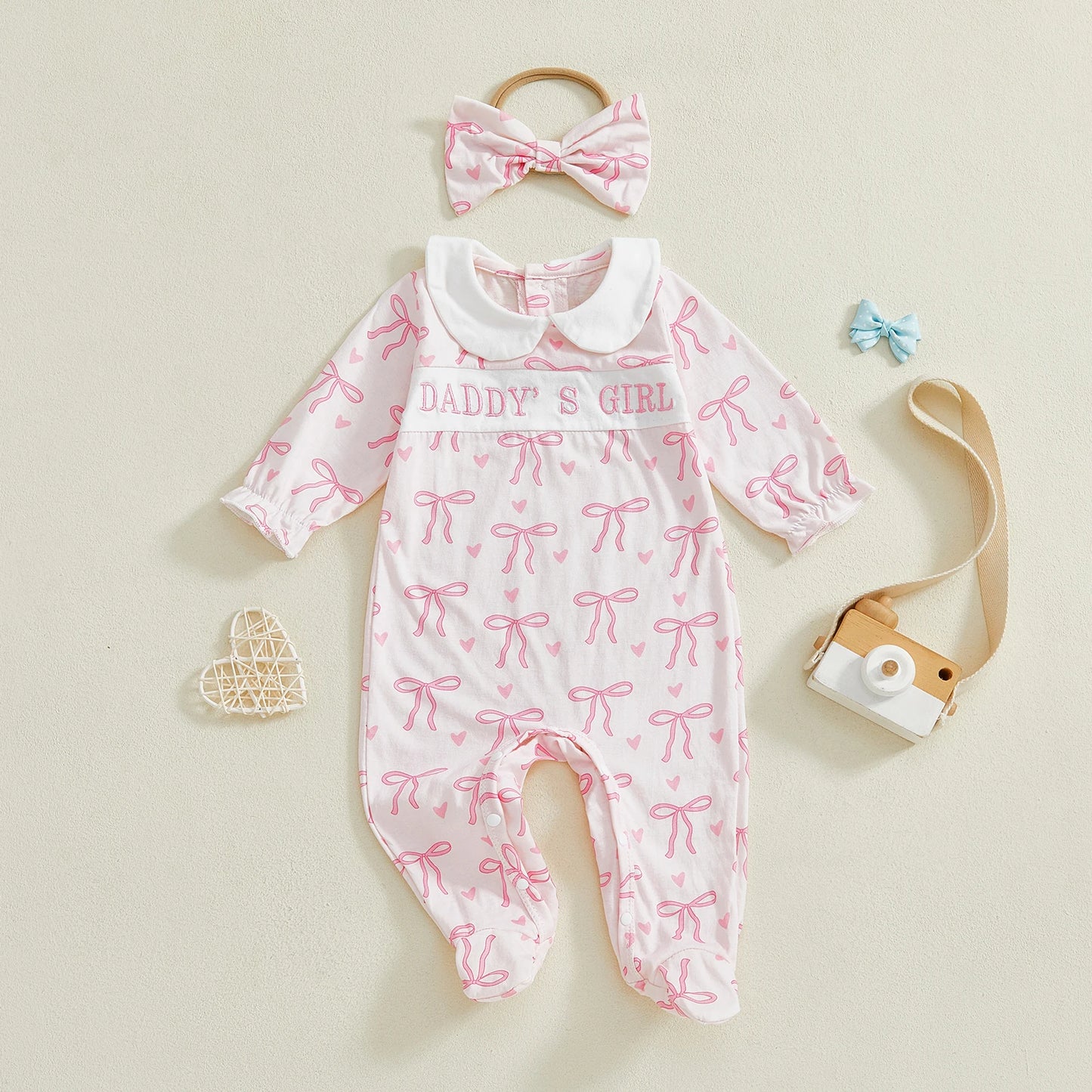 Newborn Baby Girl Bow/Floral Print Jumpsuit with Headband