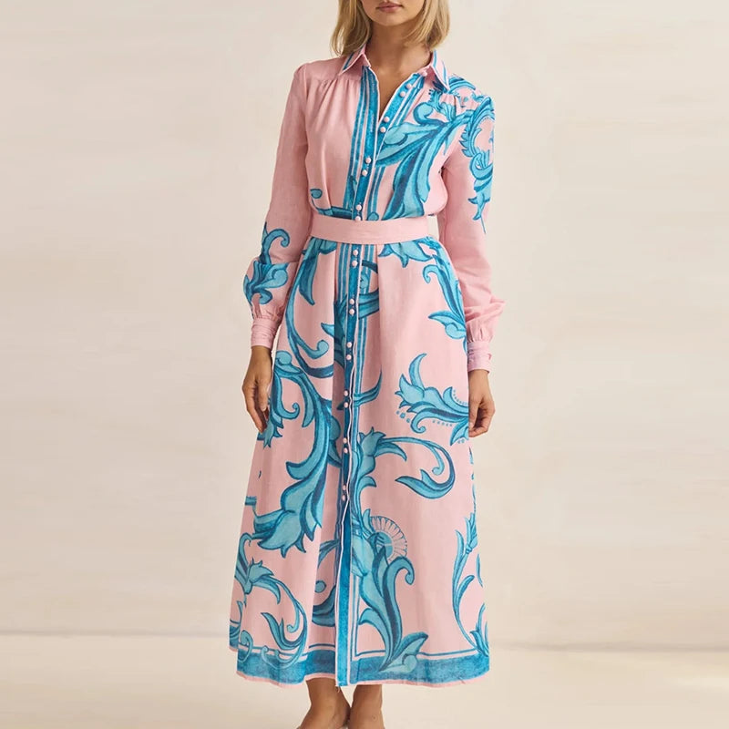 Elegant Lapel Pleated Contrast Long Dress