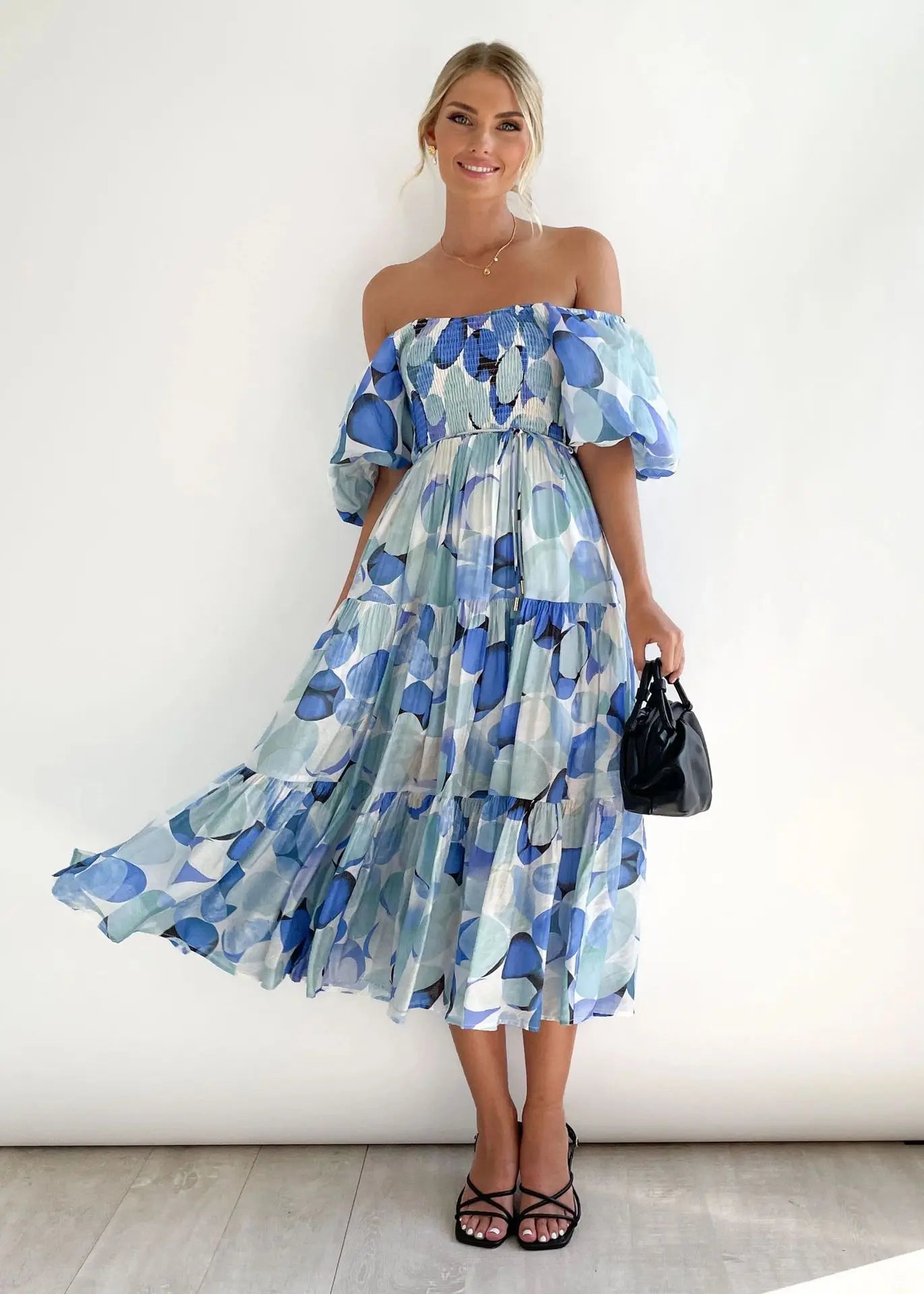 Women’s Off-Shoulder Puff Sleeve Floral Maxi Dress