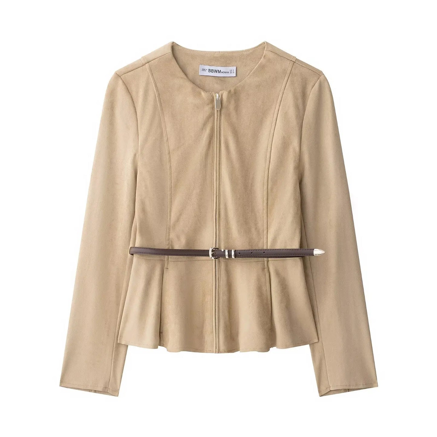 Women’s Vintage Suede Jacket – O-Neck Belted Coat