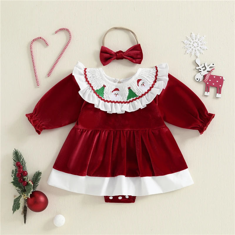 Newborn Baby Girl Christmas Outfit – Santa Tree Embroidered Romper with Headband