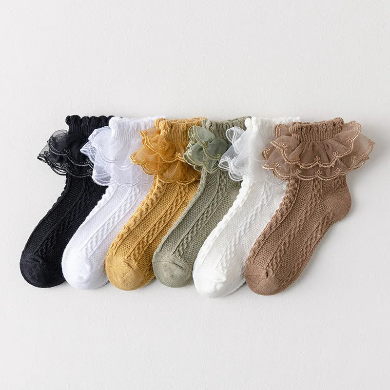 3 Pairs Girls’ Ruffle Lace Cotton Socks