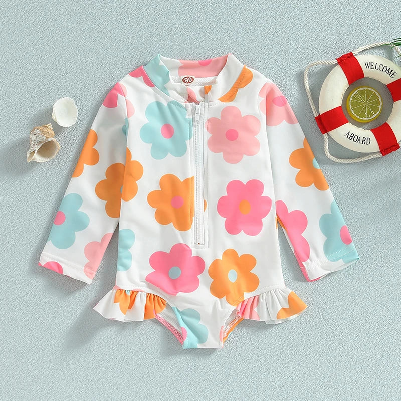 Baby Girl Floral Long Sleeve Swimsuit – Summer Beachwear