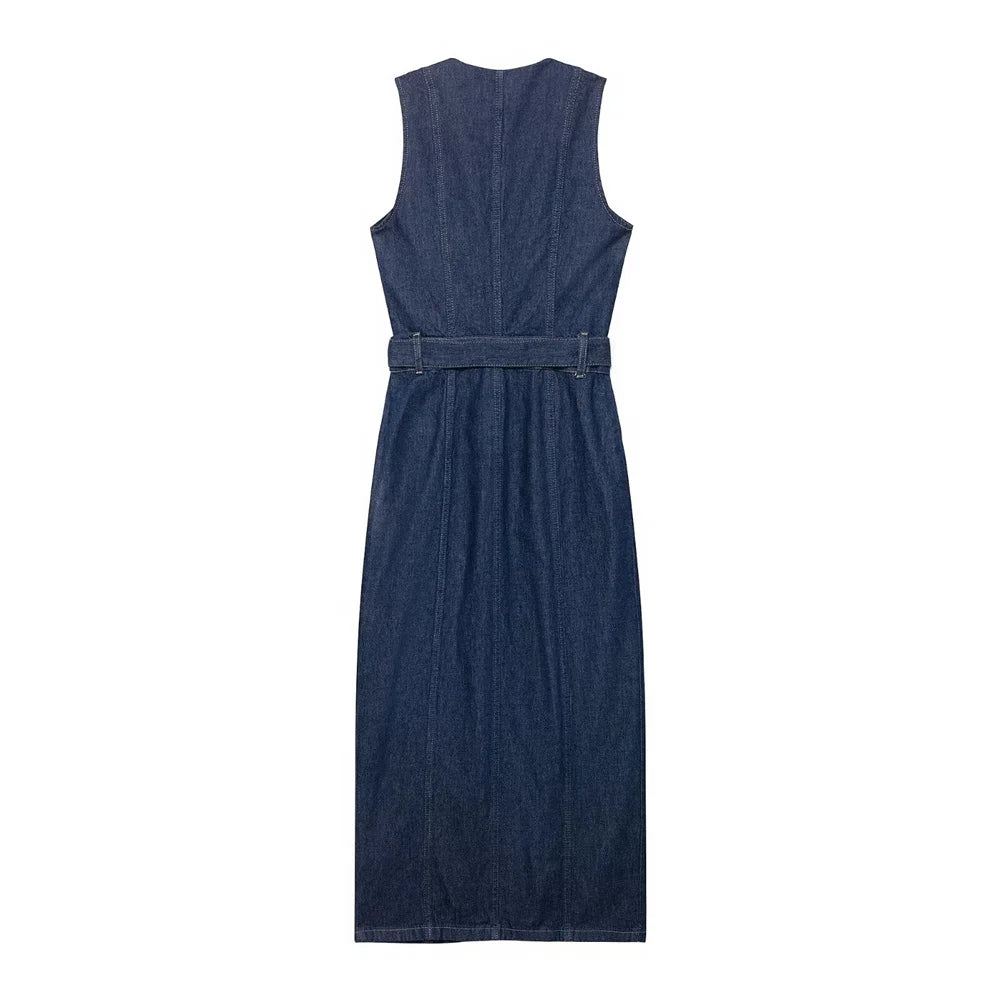 Women’s Belted Denim Midi Dress