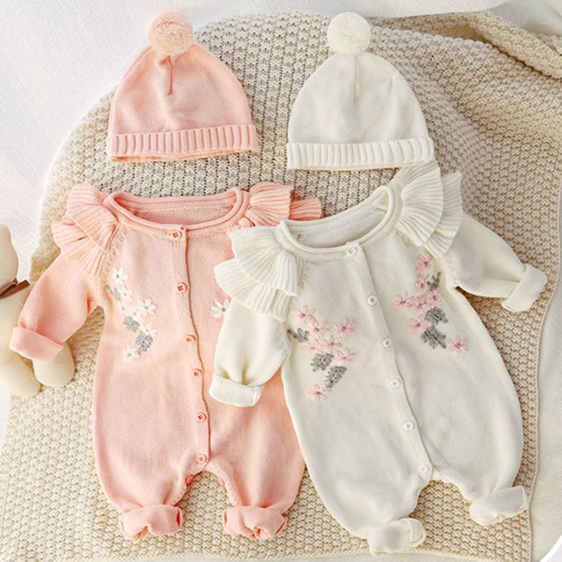 Baby Girl Knitted Romper with Matching Hat – Embroidered Floral Design