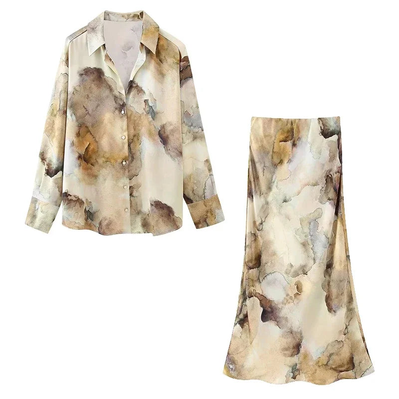 Women’s Fashion 2-Piece Printed Blouse & Vintage Elastic Waist Skirt Set