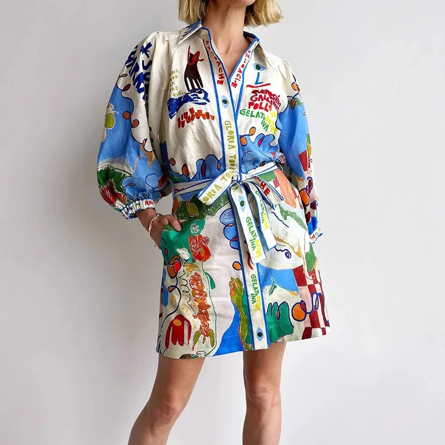 Linen-Look Shirt Dress – Casual Printed Lace-Up Mini Dress