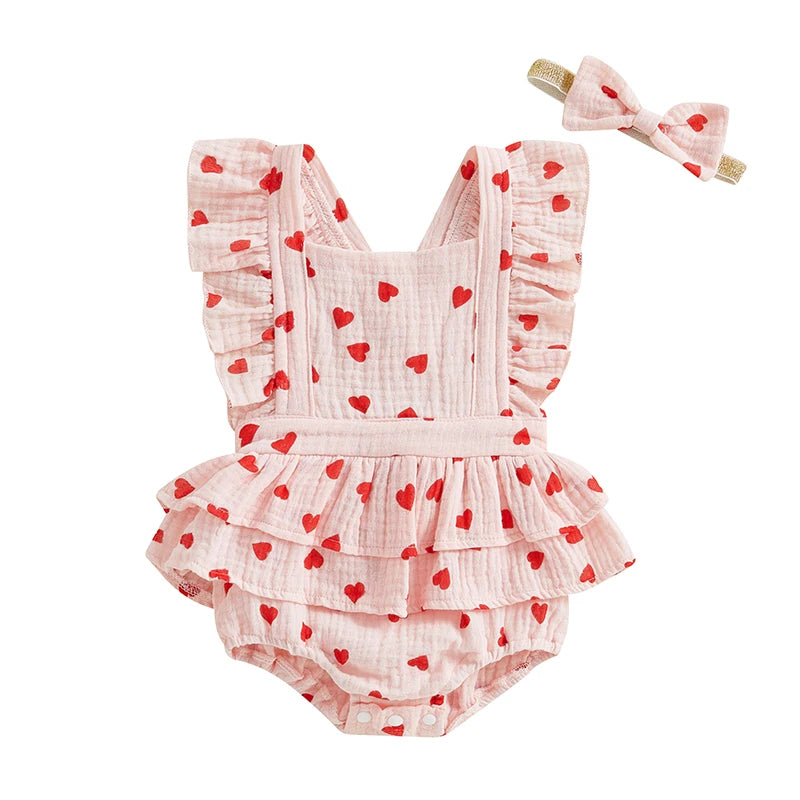 Bow & Heart Print Bodysuit with Headband