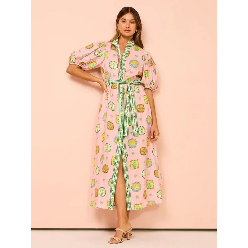 Casual Fashion Graffiti Lantern Sleeve Cardigan Dress