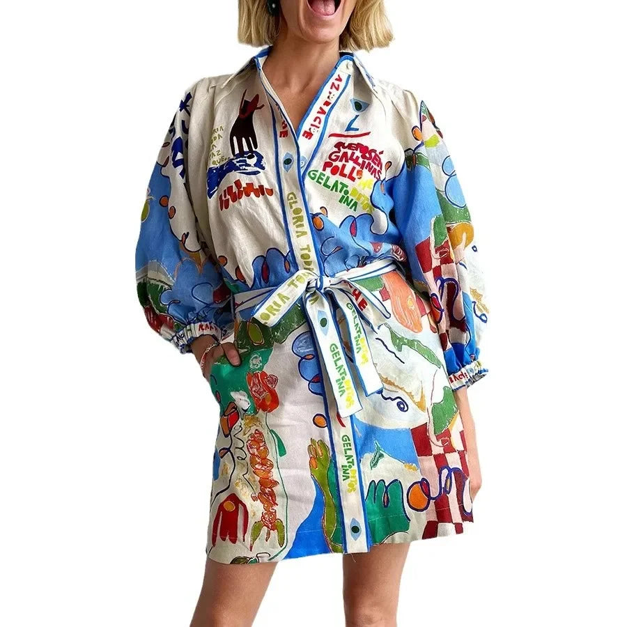 Linen-Look Shirt Dress – Casual Printed Lace-Up Mini Dress