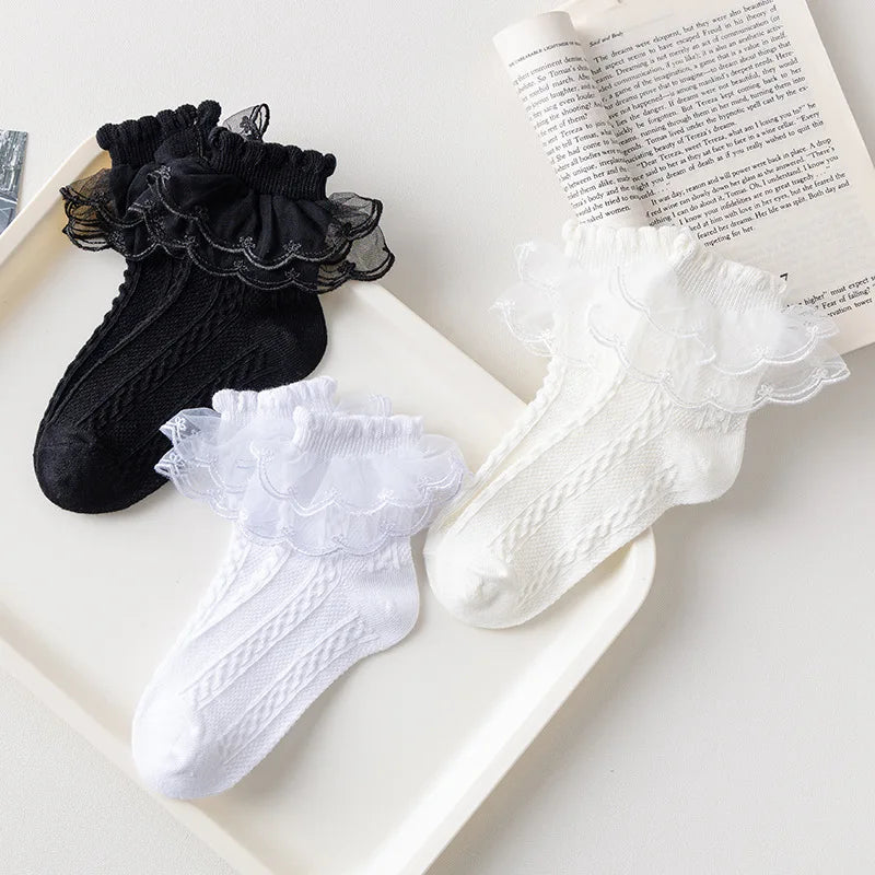 3 Pairs Girls’ Ruffle Lace Cotton Socks