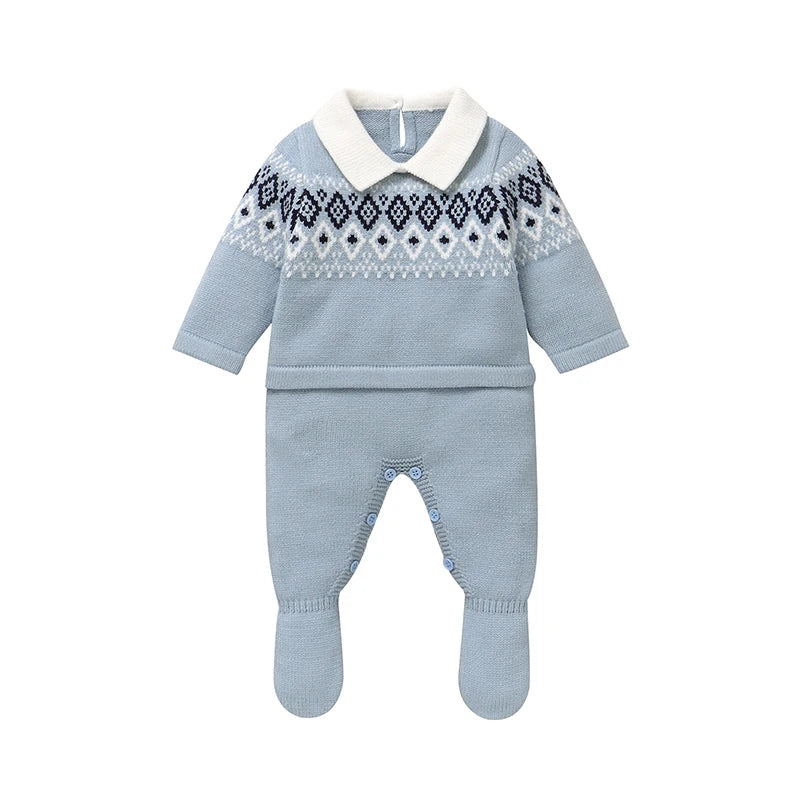 Geometric Knitted Baby Romper – Turn-Down Collar & Footed Design