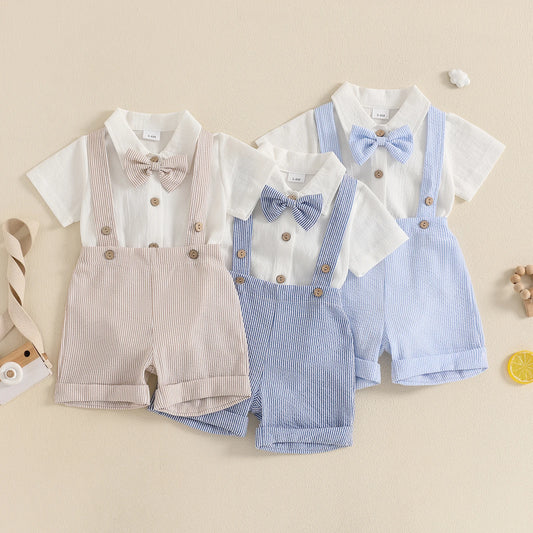 Baby Boy Gentleman Outfit – Summer Romper with Suspender Shorts & Bowtie