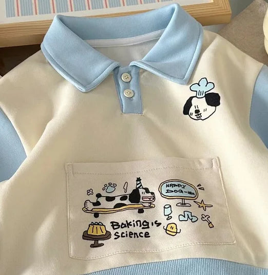 Baby Boy Autumn Cartoon Sweatshirt with Pocket Patchwork