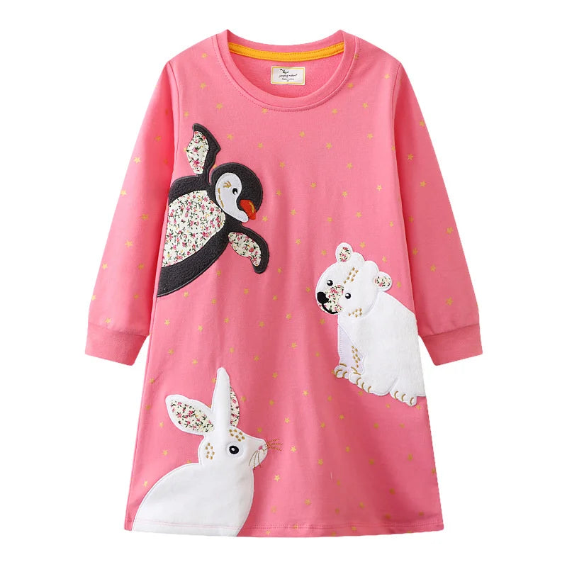 Girls Long Sleeve Animal Applique Cotton Dress
