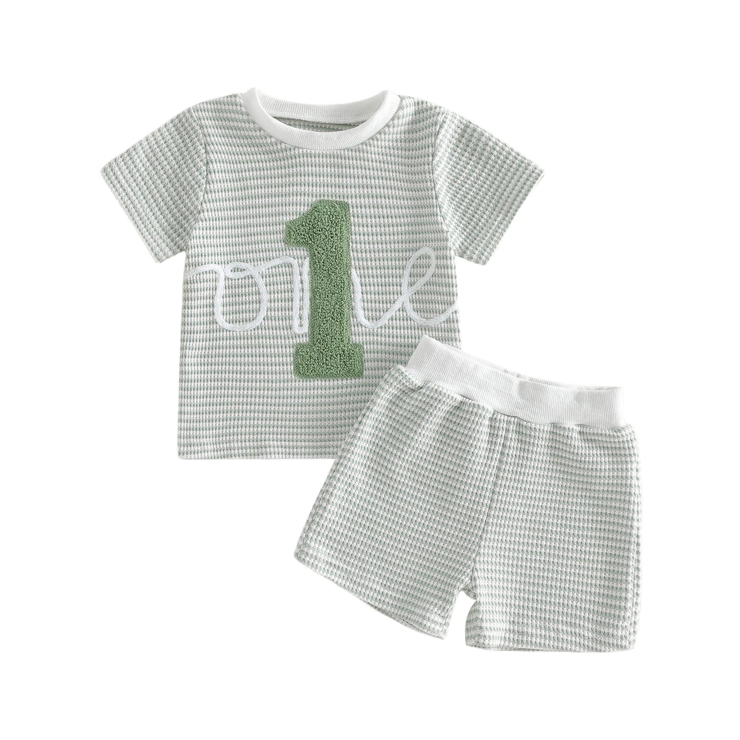Baby Boy First Birthday Outfit- Number Embroidery Striped Top & Shorts Set