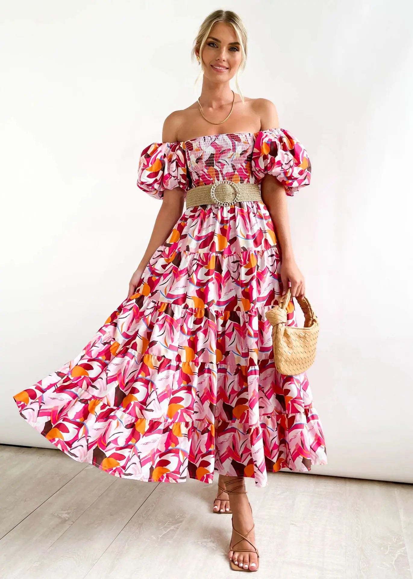 Women’s Off-Shoulder Puff Sleeve Floral Maxi Dress