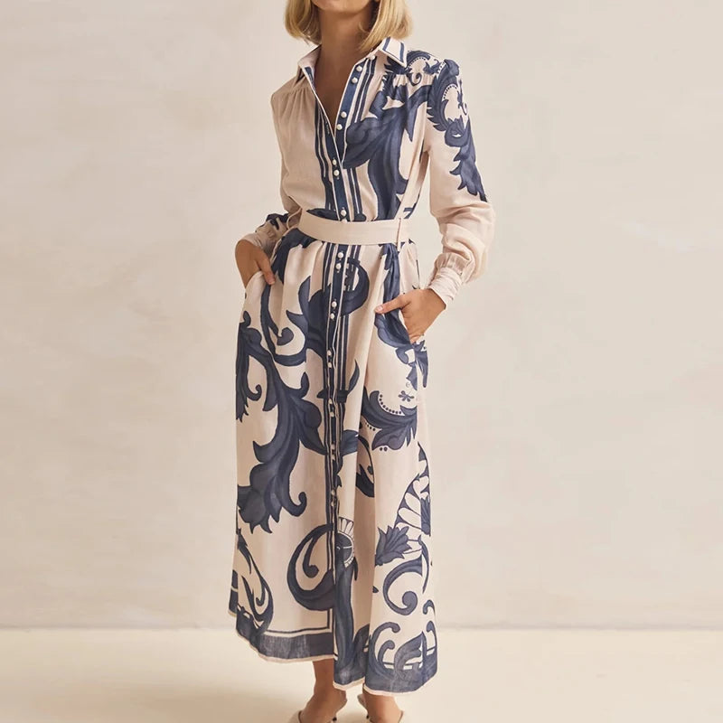 Elegant Lapel Pleated Contrast Long Dress