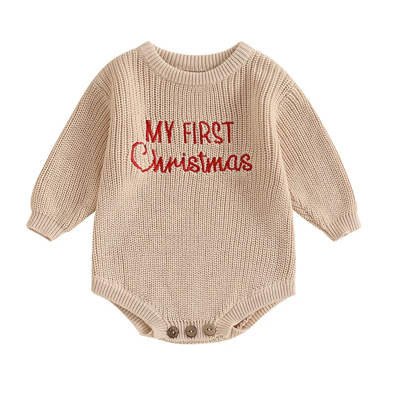 Baby Knit Christmas Romper – Letter Embroidered Long Sleeve Jumpsuit