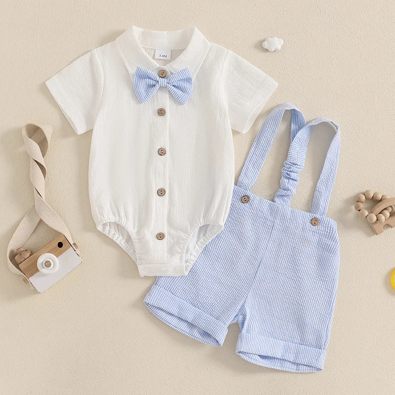 Baby Boy Gentleman Outfit – Summer Romper with Suspender Shorts & Bowtie