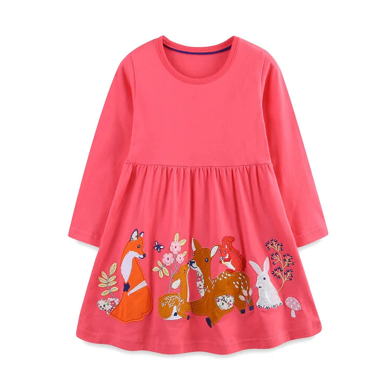 Girls Long Sleeve Animal Applique Cotton Dress