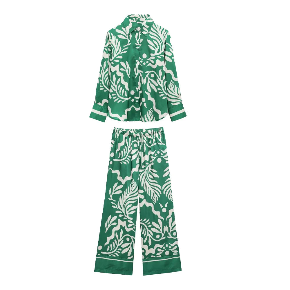 Women’s Fashion Printed Shirt & High Waist Straight Pants Set