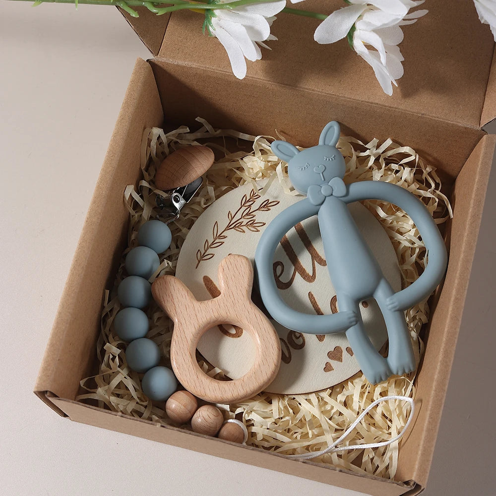 Newborn Growth Milestone Cards & Bunny Teether Gift Set