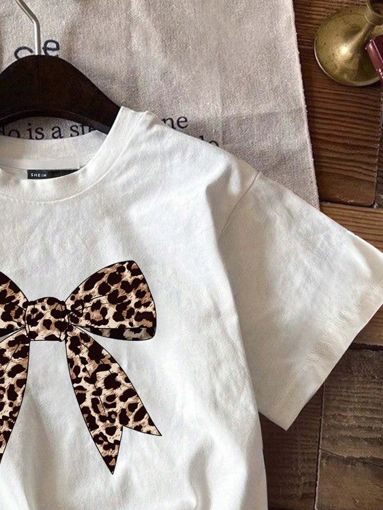 Girls Leopard Print Bowknot T-shirt